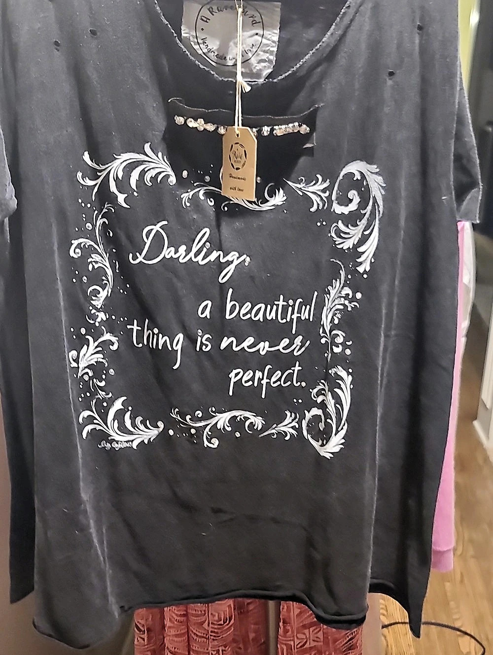 A Rare Bird Darling Distressed Tee Shirt Black Embellished Graphic Tee NWT